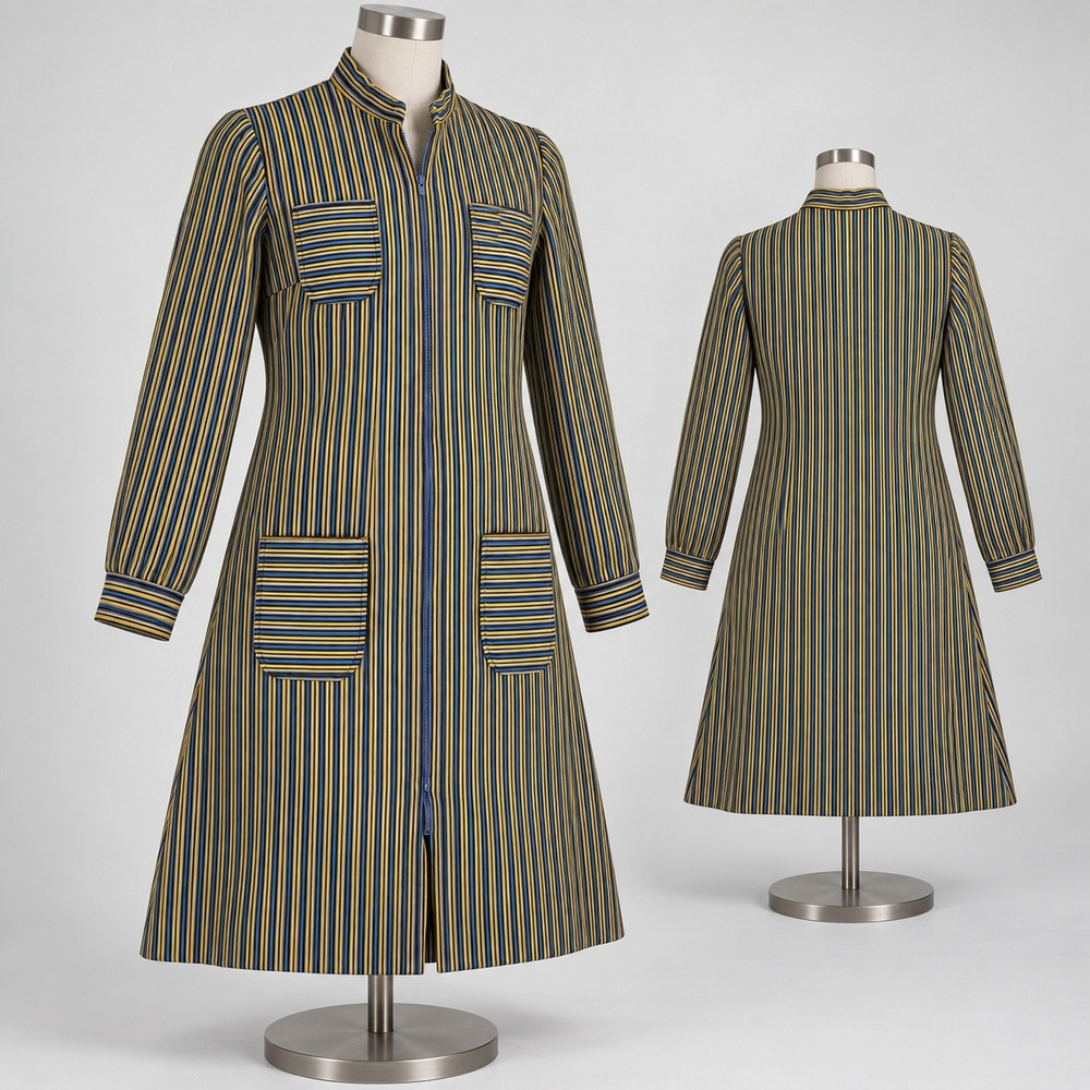 Vintage JOYCE Mod Striped Zip Front Dress 4 Pocket A-Line Blue Yellow Black